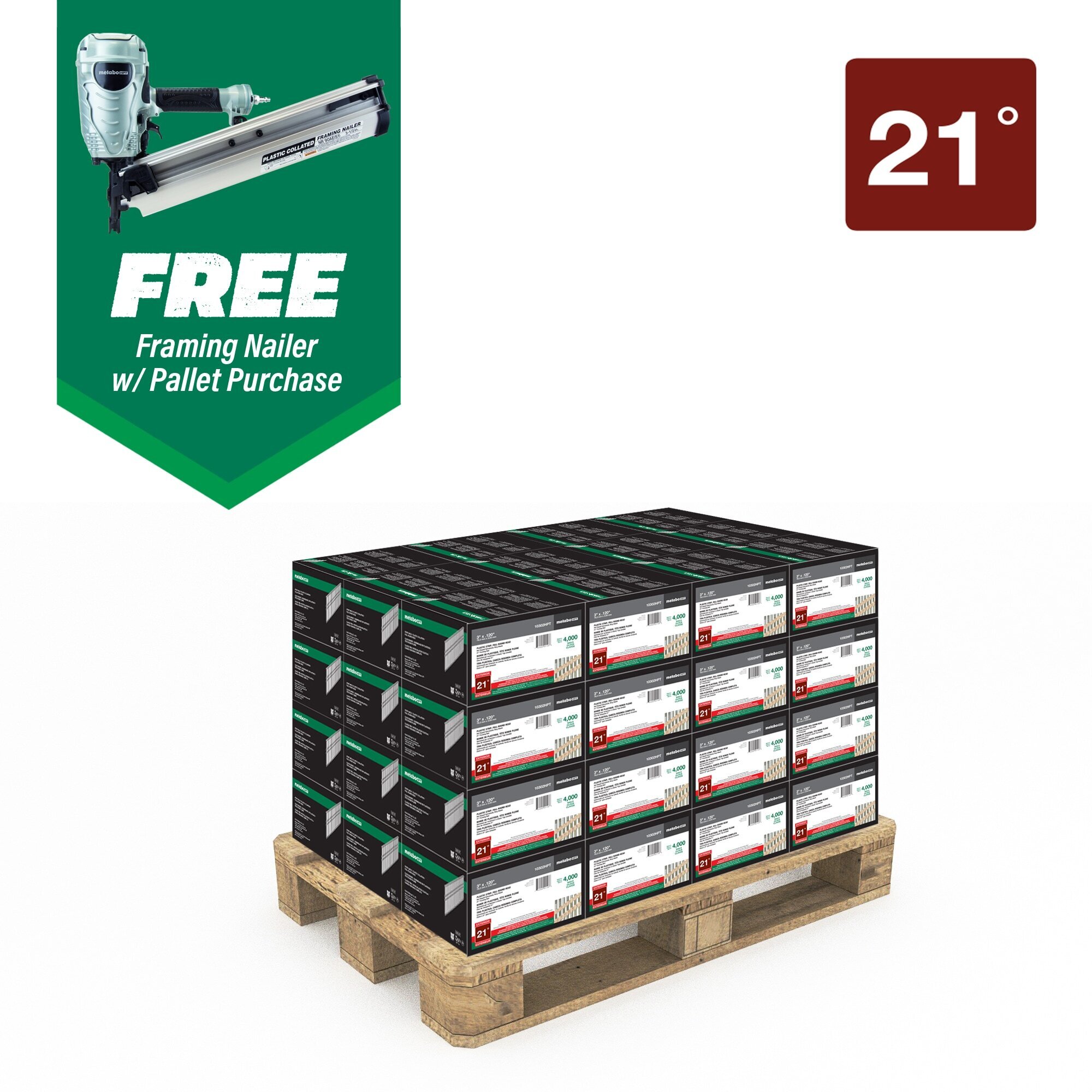 Metabo HPT Framing Nails — 3in. x .12, 21-Degree, Hot-Dipped Galvanized, Ring Shank, Includes Free Pneumatic Framing Nailer, Model# 10302NR90AES1M